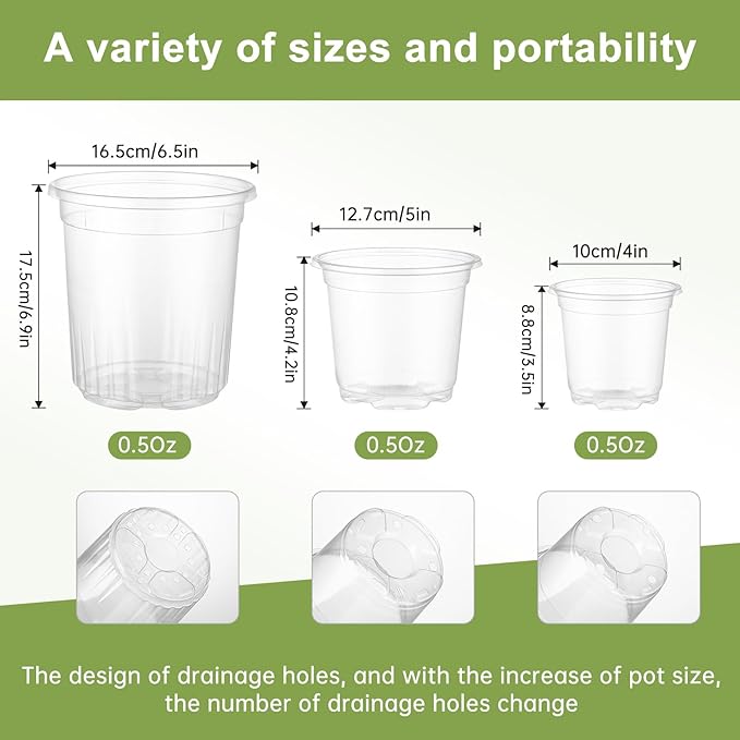 30 Packs 6.5/5/4 Inch Reinforced Clear Nursery Pots for Plants with Drainage Hole, Variety Pack High Transparency Plastic Seedling Plant Pot with 20 Labels