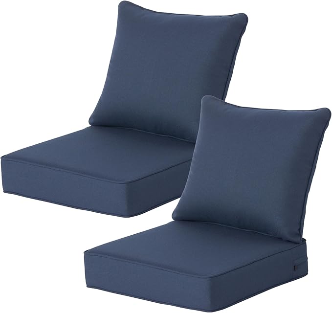 24x24 Inch Outdoor Deep Seat Cushions Set of 2,Thick High-Density Foam, Water-Resistant, Piped Edges & YKK Hidden Zipper for Patio Furniture,Blue