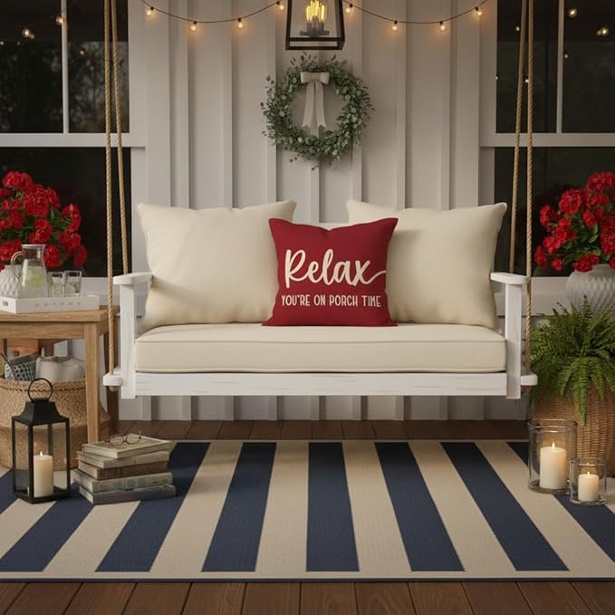 PANDICORN Decorative Throw Pillow Covers 18x18 Inch Relax Porch Time Crimson Red Outdoor Farmhouse Holiday Christmas Patio Decorations Decorative Cushion Case for Front Porch Couch Bench Decor