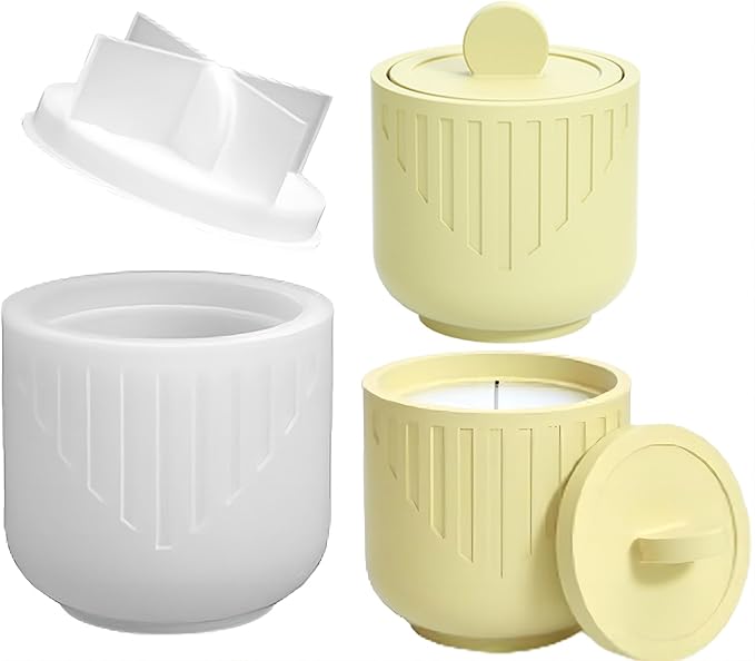 Storage Box with Lids, Silicone Jar Molds Set, Creative Vessels Pot Molds, Concrete Round Stripe with Cover Bottle Making Moulds for Candle Holder (D-Striped-V)