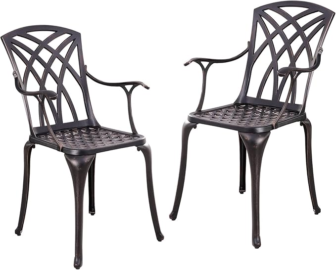 Outdoor Patio Chairs Set of 2, Cast Aluminum Biistro Dining Chairs Set of 2 with Armrest, Metal Patio Dining Chair for Garden Deck Backyard, Bronze