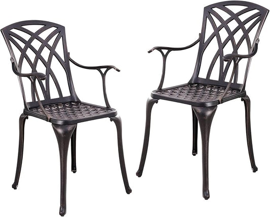 Outdoor Patio Chairs Set of 2, Cast Aluminum Biistro Dining Chairs Set of 2 with Armrest, Metal Patio Dining Chair for Garden Deck Backyard, Bronze