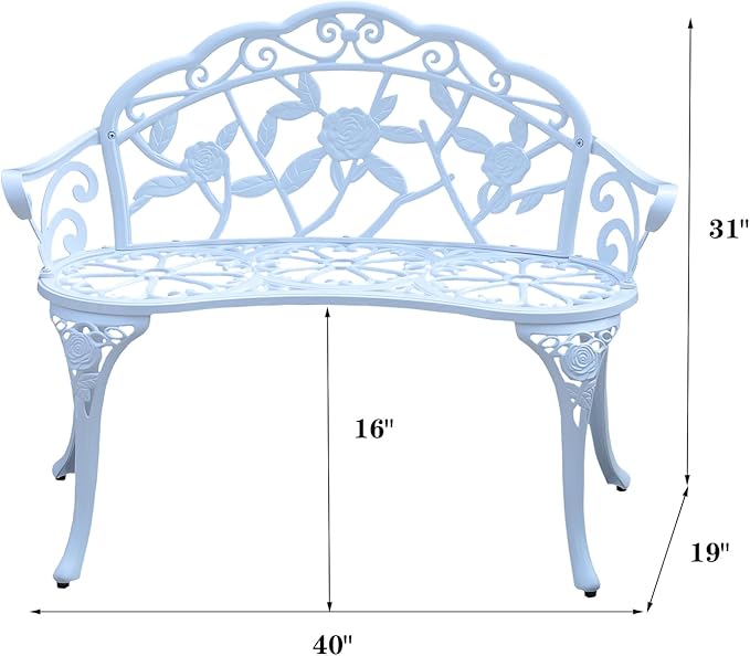 Cast Aluminium Outdoor Bench, Rose Garden Bench for Patio,Park,Lawn,Yard (White)