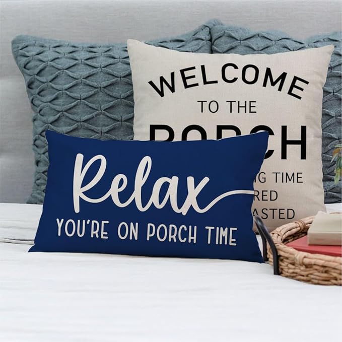 PANDICORN Decorative Throw Pillow Covers 12x20 Inch Relax Porch Time Blue Outdoor Rustic Farmhouse Decorations Lumbar Pillow Decorative Throw Pillows Cases Cushion Covers for Porch Couch Sofa Decor
