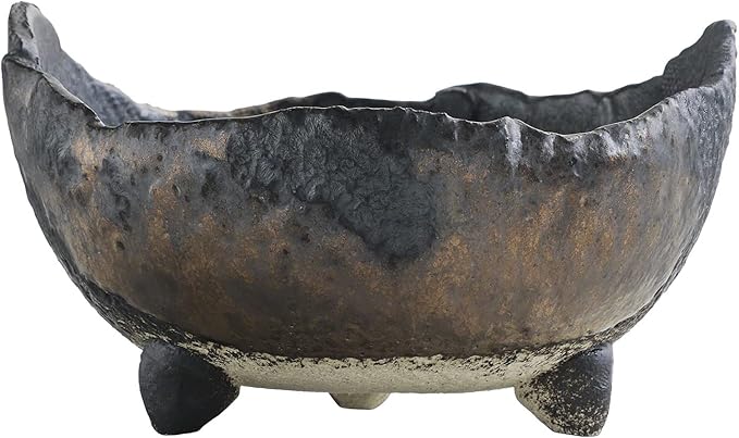 Wazakura Banko Series Japanese Handmade Rustic Crescent Shape Bonsai Pot 4.72 in (120 mm), Made in Japan Ceramic Garden Planter, Unglazed Houseplant Bowl - Black and Brown