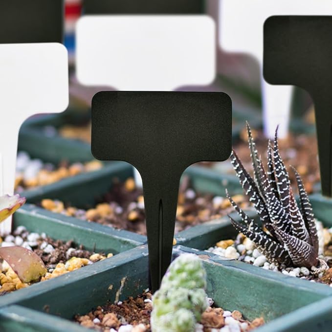 120pcs Plant Labels, Plastic Plant Tags, T-Type Garden Waterproof Name Stakes Plant Markers for Outdoor Garden Flower Vegetables Potted Plants Seed with A Marker Pen (6 x 10 cm, Black)