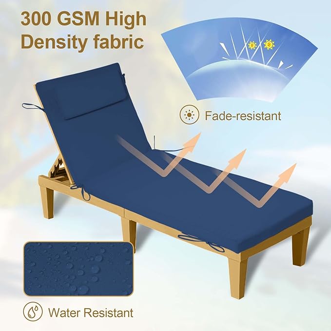 Chaise Lounge Cushions Outdoor Set of 2, 72x21x3 Lounge Chair Cushions for Outdoor Furniture, Patio Lounger Pads with Removable Cover for Pool, Deck, Lawn,Dark Blue