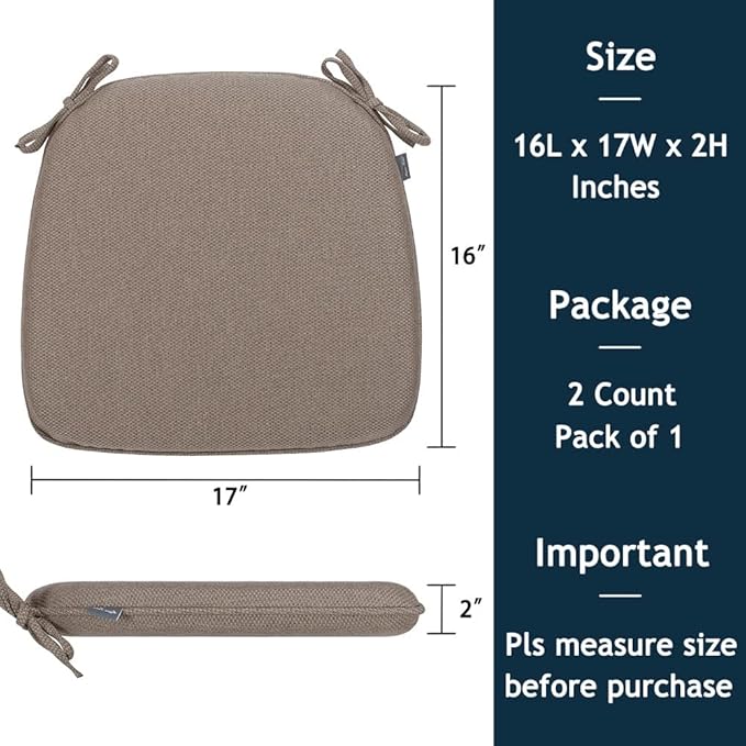 Magpie Fabrics 17"x16"x2" U-Shape Chair Cushions with Ties 2 Count, Outdoor Indoor Waterproof All Weather Seat Pads Decoration for Patio Garden Dining Office - Brown