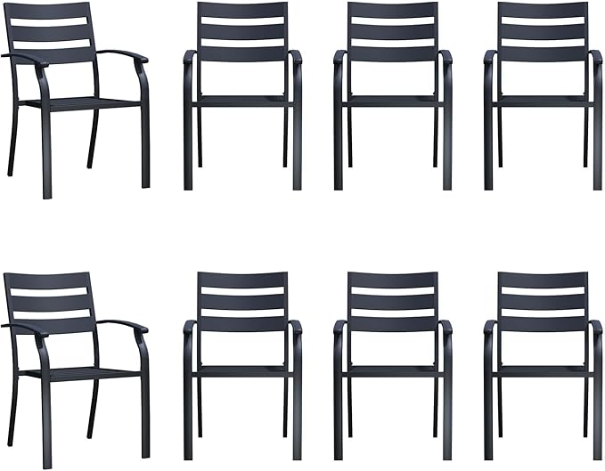 Patio Dining Chairs Set of 8, Black Stackable Outdoor Dining Chairs, Metal Patio Furniture Set for Garden Backyard Lawn Deck Support Over 300 lbs