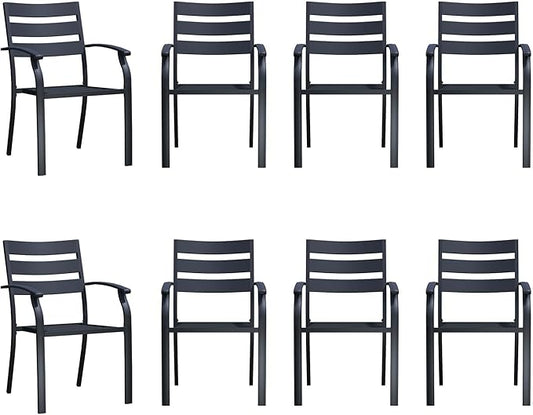 Patio Dining Chairs Set of 8, Black Stackable Outdoor Dining Chairs, Metal Patio Furniture Set for Garden Backyard Lawn Deck Support Over 300 lbs