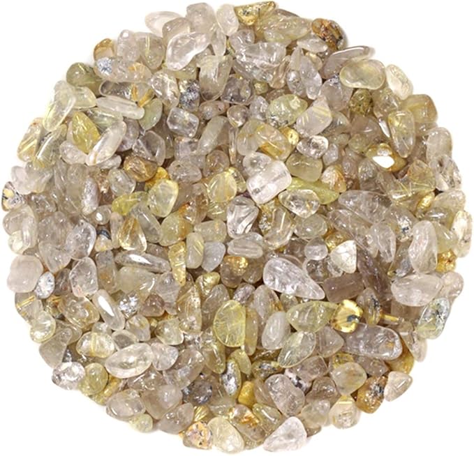 IMALY Gold Rutilated Quartz Tumbled Chips Stone Polished Crushed Healing Crystal Quartz Pieces Irregular Shaped Stones for Home Decorative Stones Vases Plants Succulents 0.5lb