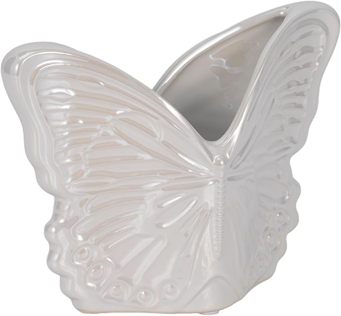 Decorative Ceramic Flower Pots for Home Decor – Indoor and Outdoor Planters with Butterfly Design for Succulents and Garden Plants – Cute Plant Pots for Garden, Patio or Room Decor – 6" Ivory & Tan