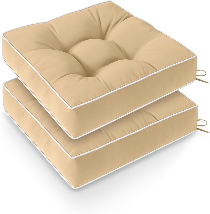 Wellsin Outdoor Chair Cushions Set of 2, Patio Cushions for Outdoor Furniture, Tufted Waterproof Outdoor Chair Pads, 19 x 19 Inch, Khaki