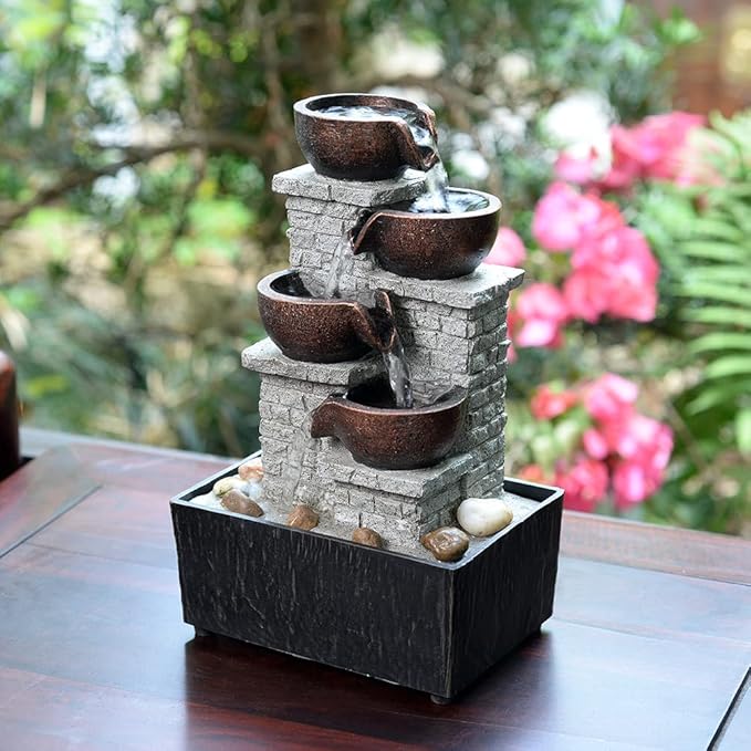 Kalona Tabletop Waterfall Fountain, 4-Tier Indoor Water Fountain, Cascading Bowl with LED Lights and Rocks for Home Office Decoration, Relaxing Desk Fountains(21132B)
