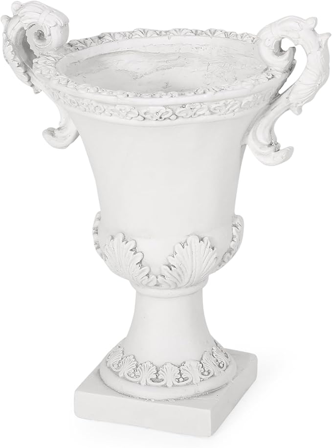 Christopher Knight Home Jorine Patio Planter, Light Concrete Planter, Mid-Centry Gadern Urn, Floral Relif Design, Large Garden Pot, Flower Urn with Drainage Hole for Backyard Home, Antique White