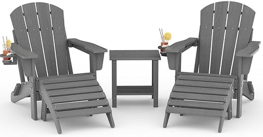 Folding Adirondack Chair Set of 5, All-Weather HDPE Outdoor Chair, Wooden Textured with Cup Holder for patios, Decks, Gardens, fire pits, Grey