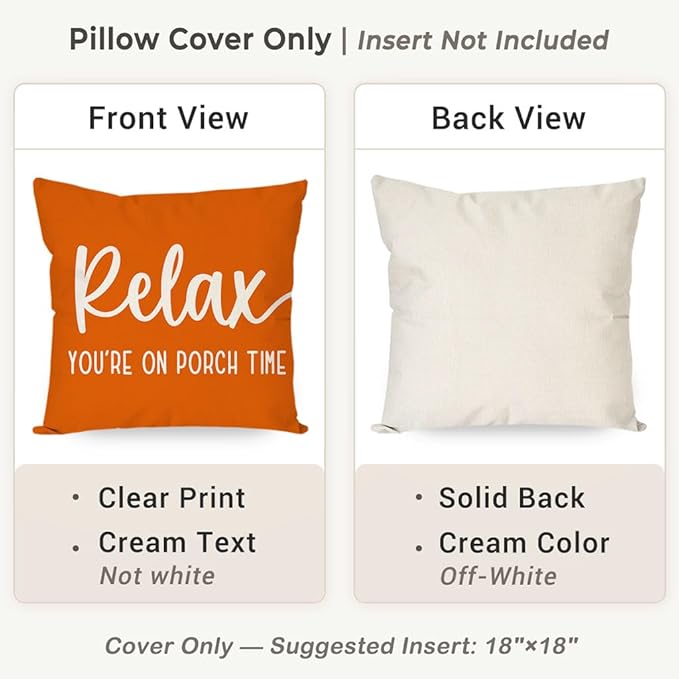 PANDICORN Decorative Throw Pillow Covers 18x18 Inch Relax Porch Time Orange Outdoor Farmhouse Spring Fall Decorations Cozy Decorative Cushion Case for Sofa Couch Patio Front Porch Decor