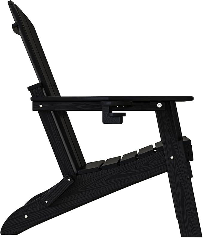 Plawdlik Folding Adirondack Chair Set of 6, Cup Holder，Wooden Textured ，Heavy All-Weather HDPE Comfortable Set Poolside Backyard Lawn, Black
