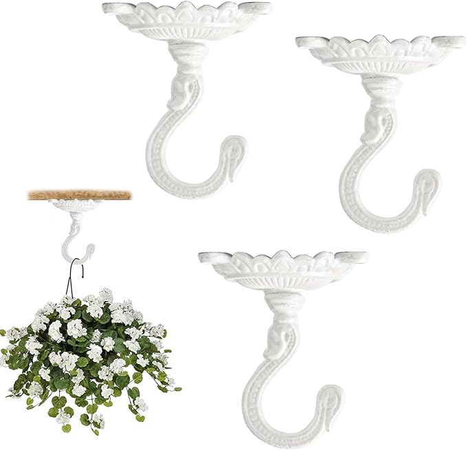 Sungmor Heavy Duty Ceiling Hooks for Hanging Plants, 3PC White 3.5x3.9Inch Large Cast Iron Ceiling Hooks, Antique Decorative Ceiling Swag Hooks for Hanging Planter Chandelier Wind Chime Lantern Hanger