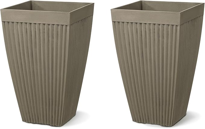 Glitzhome 23" H Tall Planter, Large Planters for Outdoor Plants, Outdoor Planters with Drainage Hole, Faux Concrete Fluted Large Flower Pots for Porch Indoor Patio Garden and Deck, Set of 2