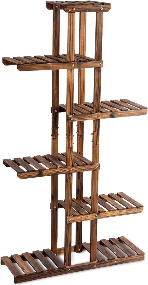 Giantex Flower Rack Wood Plant Stand 7 Wood Shelves 11 Pots Bonsai Display Shelf Indoor Outdoor Yard Garden Patio Balcony Living Room Multifunctional Storage Rack Bookshelf W/Hollow-Out Rack
