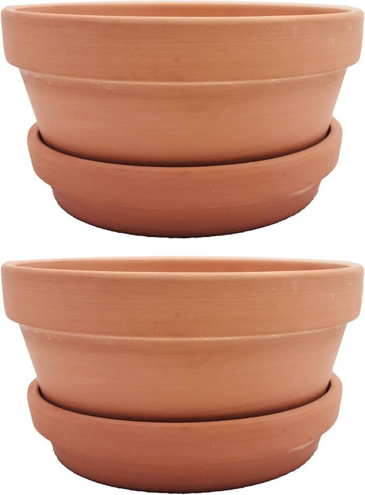 Yishang Large Terracotta Pots with Saucer/Tray for Succulent - 8 Inch Cactus Plant Containers Indoor Garden Bonsai Pots with Drainage Hole - Set of 2, Unglazed Clay Ceramic Pottery Planter