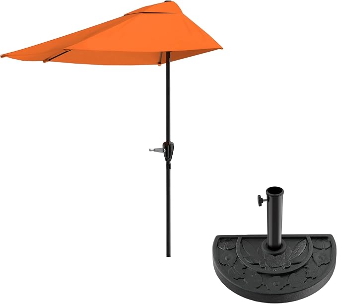 Pure Garden 9-Ft Half Patio Umbrella Easy Crank Semicircle Balcony Shade with 20lb Weighted Base for Deck, Porch, or Against a Wall (Terracotta)