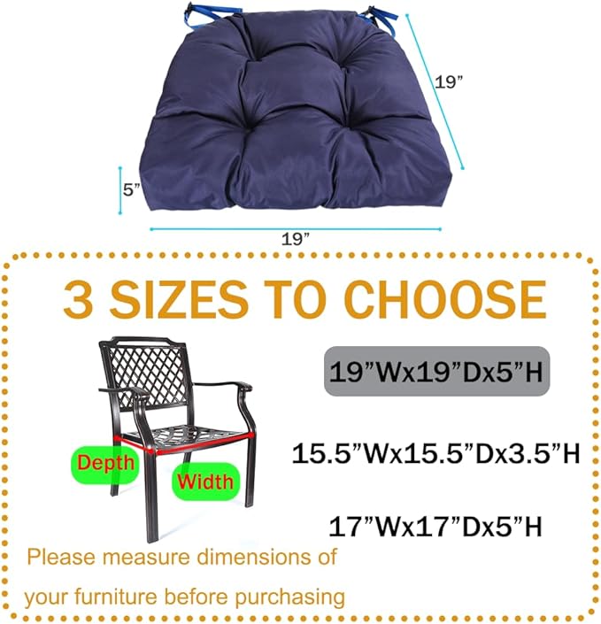 amberr Outdoor Chair Cushions Set of 2, Waterproof Outdoor Seat Cushions for Patio Furniture,Wicker Chair Cushions with Adjustable Straps (Navy, 19" x 19"x 5"（2 Pack)