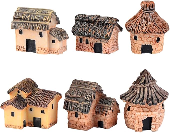 6PCS Fairy Garden Mini House Accessories, Miniature Village Hut Figurine Cottage, DIY Micro Landscape Decor Ornaments, for Bonsai, Succulent Planting, Terrarium, Flower Pots