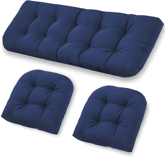 Wicker Furniture Cushions Set, Waterproof Patio Cushions for Outdoor Chairs 3 Pieces, 1 Loveseat & 2 Seat Pads Thick Outdoor Replacement Cushions for Porch Lawn Bench Couch Sofa, Navy Blue