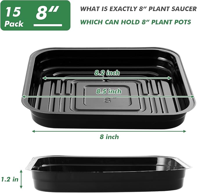 15 Pack 8 Inch Plant Saucer Plant Trays for Pots Square Plant Pot Saucers for Outdoors and Indoors Plant Water Catcher Tray Plastic Plant Trip Trays Saucers for Potted Plants Planter Dishes, Black