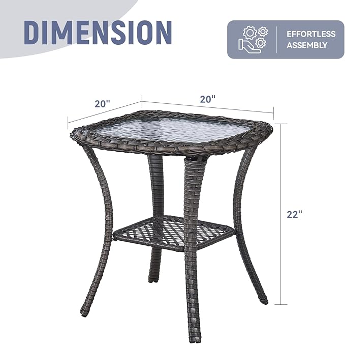 Patio Side Table Glass Wicker Table Outdoor PE Rattan Side Table with Storage Shelf Weather Resistant Square Sidetable for Patio Garden Poolside Deck Balcony Porch Yard, Brown