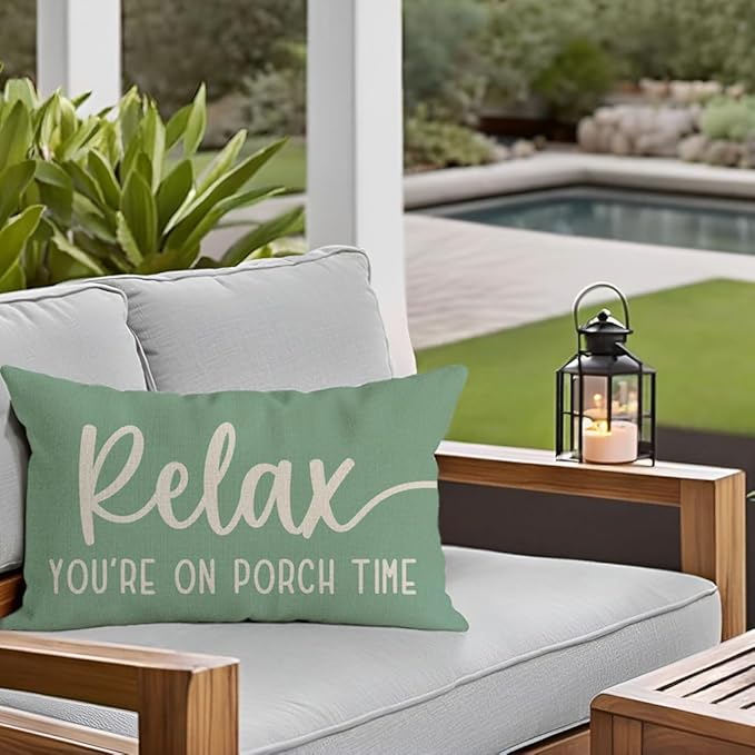 PANDICORN Eucalyptus Green Outdoor Decorative Throw Pillow Covers 12x20 Inch Relax Porch Time Rustic Farmhouse Lumbar Throw Pillow Cases Decorations for Patio Sofa Couch Decor