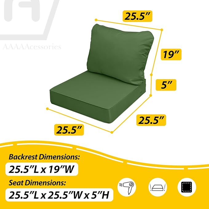 AAAAAcessories Outdoor Deep Seat Cushions, Waterproof, Fade-Resistant Replacement Cushions for Patio Furniture, 25.5" x 25.5" x 5" + 25.5" x 19", Set of 4, Dark Moss Green