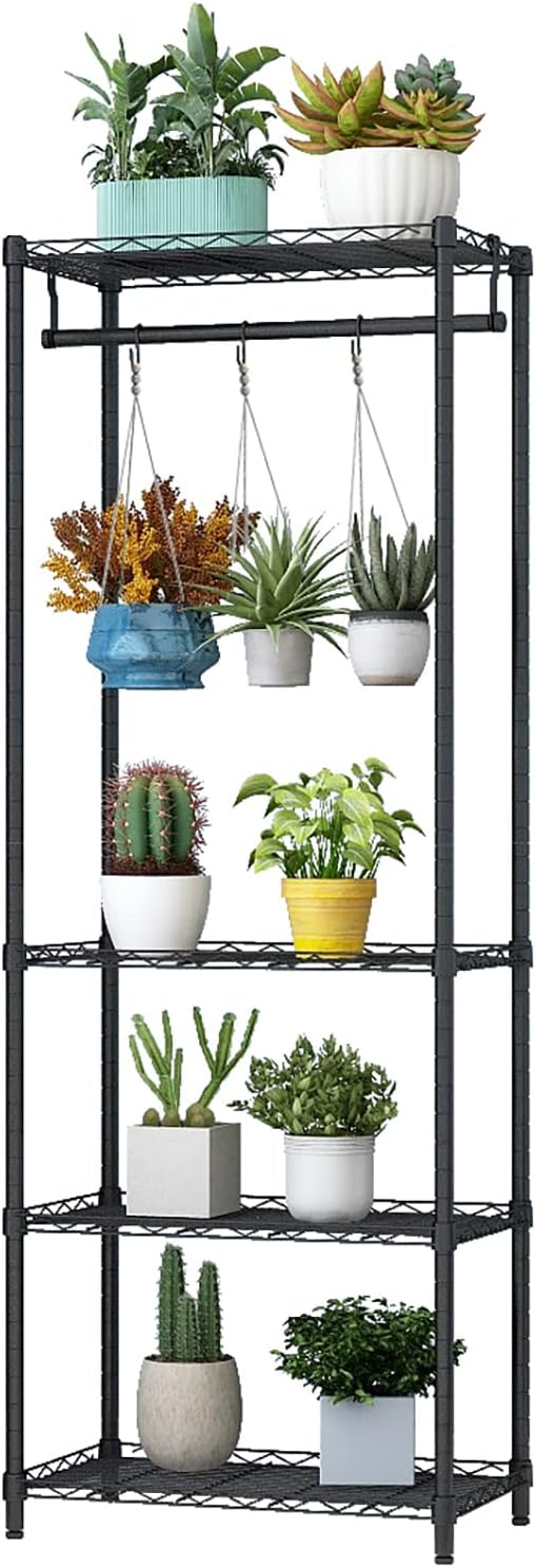 Xiofio 4-Tier Plant Shelf for Indoor Plants Outdoor, Large Multiple Flower Pot Holder Rack，Hanging Plant Stand 6pcs Hooks ,Adjustable Plant Stand Suitable for Bedroom Living Room Balcony Garden,Black
