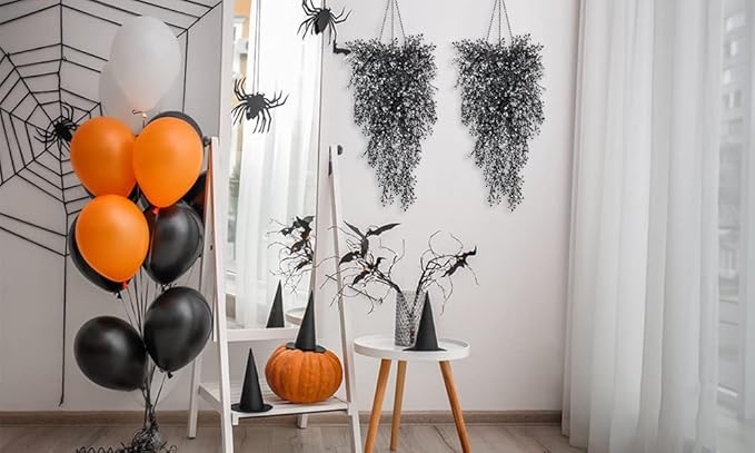 RECUTMS Hanging Fake Vines Artificial Hanging Plants Flowers 4Pcs Faux Ivy Ferns Wall Plants for Bedroom Indoor Outdoor Garden Patio Halloween Thanksgiving Decoration (Black White)