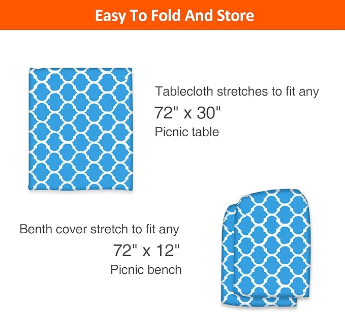 KENOBEE 6ft Picnic Table and Bench Cover, Camping Essentials RV Gear, 72 in Waterproof Windproof Outdoor Elastic All Around Tablecloth, Fitted Rectangle Tables and Seats, Blue-White Moroccan