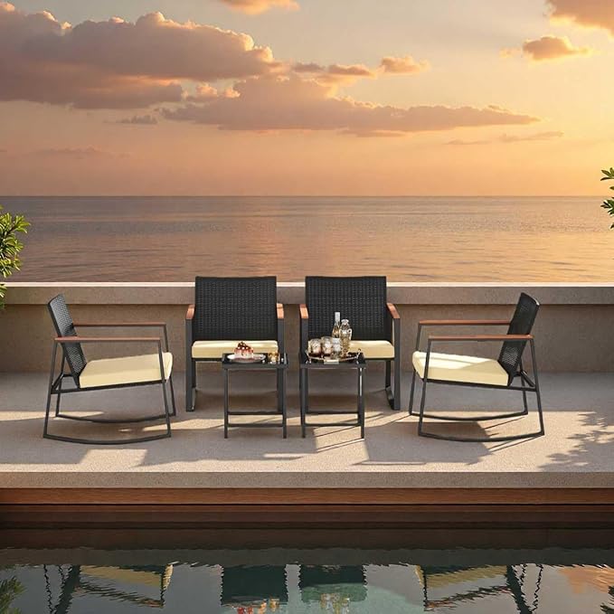 Bealife 3 Piece Patio Set with Cooling Wooden Armrests, Outdoor Rocking Chairs Set of 2 with Glass Table and Cushions, Wicker Patio Bistro Set for Garden, Yard, Balcony, Porch (Beige)