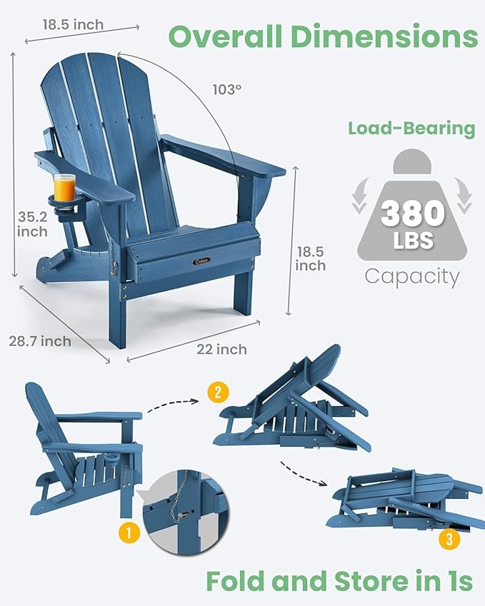 Ciokea Folding Adirondack Chair 4 Pack, Patio Adirondack Chair Weather Resistant, Plastic Fire Pit Chair with Cup Holder, Lawn Chair for Outdoor Porch Garden Backyard Deck (Royal Blue)
