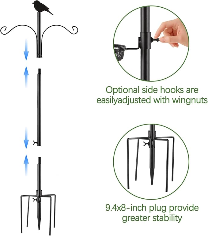 Camii 75 inch 4-Hook Bird Feeder Pole Kit, Adjustable Shepherds Hook with Tray, Water Bowl, 5-Prong Reinforced Base, Garden Hooks for Hanging Bird Feeders, Hanging Plants, Solar Light Lantern