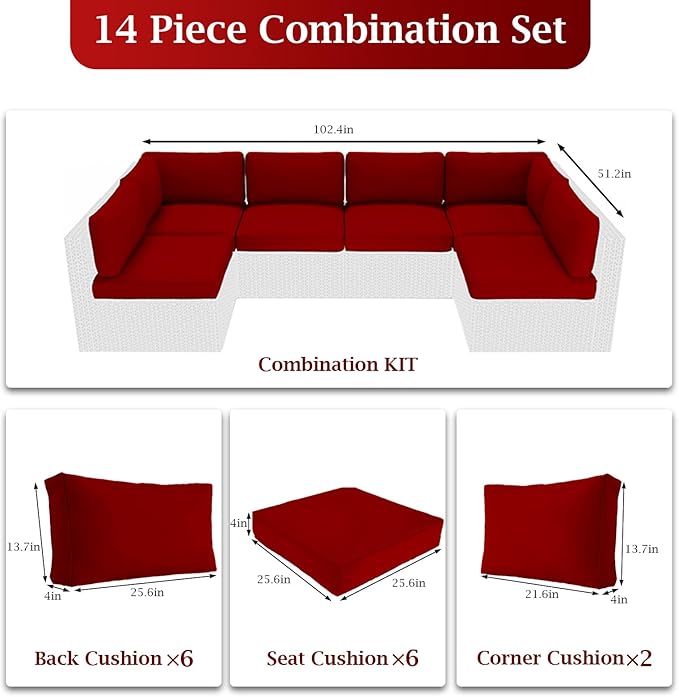 Outdoor Sectional Cushions, 4" Foam High-Density, Water-Resistant Couch Cushions Replacement Set, 14 Piece Patio Sectional Cushion for 6-Seat Sectional Patio Conversation Sets (Red)