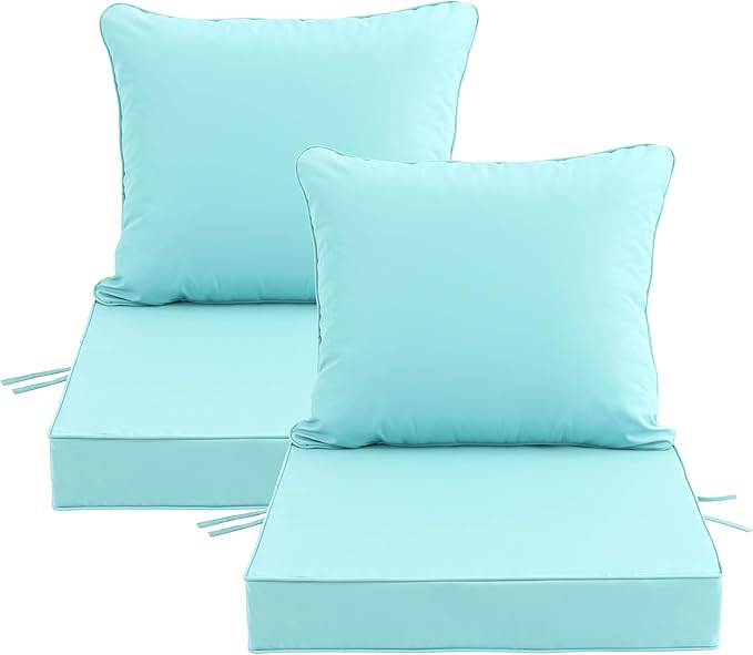 24x24 Inch Outdoor Chair Cushions Set of 2, Patio Furniture Cushions - Removable Cover, Water-Repellent, Fade-Resistant, Non-Slip Bottom & Straps, Replacement for Deep Seat Sofa & Couch - Light Blue