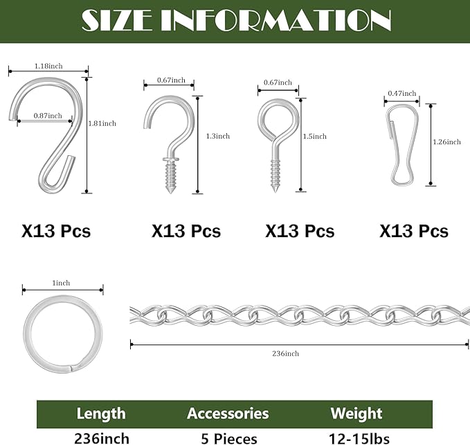 236 Inch Hanging Basket Chain,Decorative DIY Metal Silver Hanging Chain for Plants, Photo,Bird Feeder,Wind Chimes，Planters Baskets