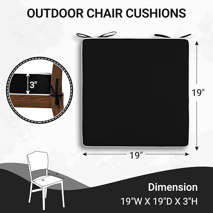 downluxe Waterproof Outdoor Chair Cushions Set of 2, 19" x 19" x 3" Patio Chair Cushion with Non-Slip Ties & Handle, Square Outdoor Cushion for Patio Furniture with Removable Cover, Black/White