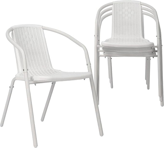 VINGLI PE Rattan Outdoor Dining Chairs Set of 4, Plastic Stackable Patio Chairs for Indoor, Porch, Restaurant, Garden, White