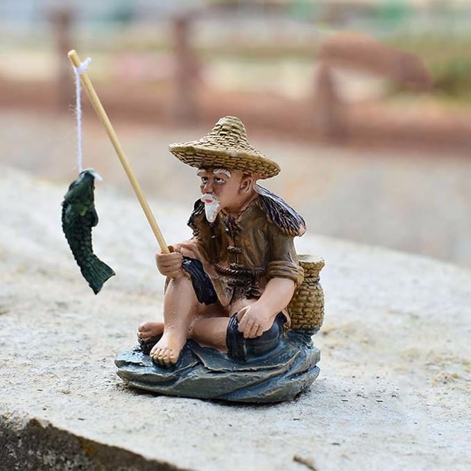 Mini Fisherman Figurines Resin Sitting Fishing Men, Garden Statue Ornament Fish Tank Micro Landscape Decor Garden Sculptures and Statues