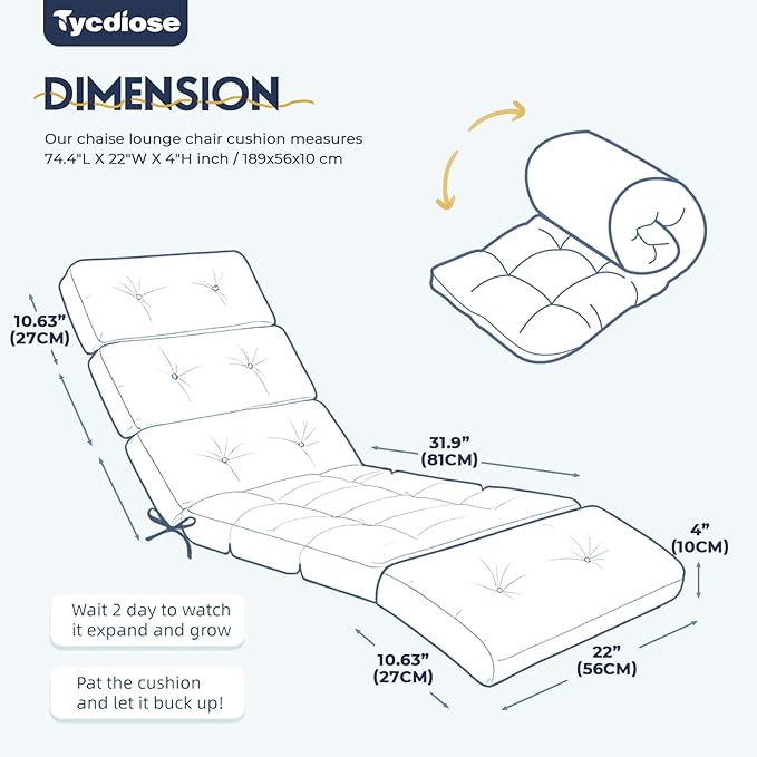 All Weather Chaise Lounge Cushions Outdoor Lounge Chair Cushion, Waterproof Memory Foam Chaise Lounger Chair Cushion for Outdoor Patio Furniture with Non-Slip Back and Ties, Blue Enchantress