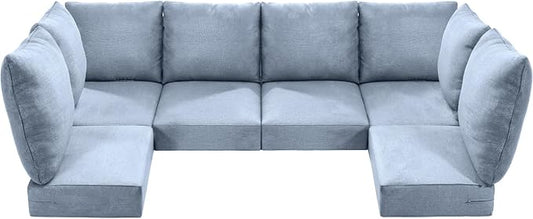 Luxury 24x24x6 Outdoor Seat Cushions for 6-Seat Sectional Sofa Set of 6 - Water-Repellent 14-Piece Patio Cushion Set for Outside Wicker Loveseat Chair L-Shape Couch - Baby Blue/Classic