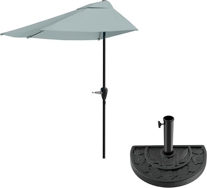 9-Ft Half Patio Umbrella Easy Crank Semicircle Balcony Shade with 20lb Weighted Base for Deck, Porch, or Against a Wall by Pure Garden (Dusty Green)