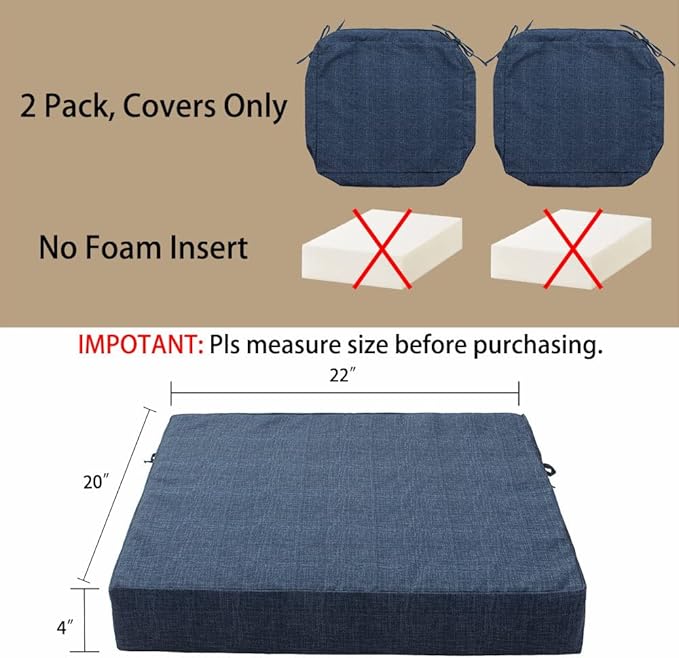 Magpie Fabrics Indoor Outdoor Cushion Cover Replacement 2 Pack, NO Insert! Water Repellent Slipcover with Ties Decor for Patio Garden Chair Seat Sofa Bench Wicker(Navy Blue Textured, 22x20x4 Inch)